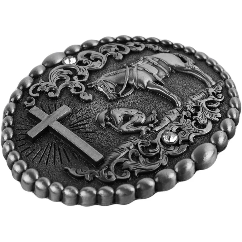 Women's Oval Silver Religion Cross Kneeling Prayer And Horse Design Belt Buckles
